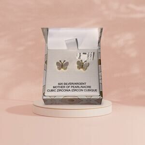 Charlotte & Lexi 925 Silver Butterfly Stud Earrings Mother of Pearl CZ New